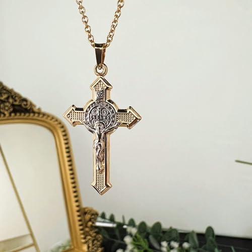 14k Two Tone Gold Saint Benedict INRI Crucifix Cross Reversible Pendant F6031