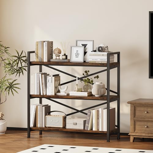 3 Tier Industrial Bookcase, Rustic Etagere Bookshelf for Living Room U5786
